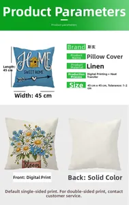 Detailed view of linen pillowcase specs with 45x45cm size and sunflower print pattern
