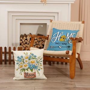 Floral print linen pillowcases with Bloom and Home Sweet Home text for living room sofa