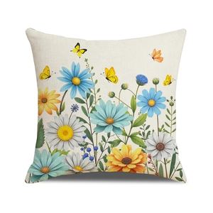 Linen cushion cover with spring floral print and yellow butterfly on beige background