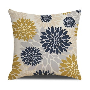 Federa per cuscino nordica in lino con motivo floreale geometrico giallo e blu