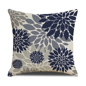 Fodera per cuscino nordica in lino con motivo floreale astratto blu navy su sfondo bianco