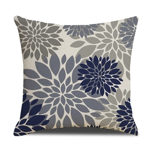 Federa per cuscino quadrata in lino nordico con motivi geometrici floreali blu e grigi