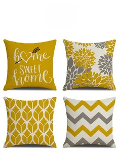 Set of four linen pillowcases featuring yellow and grey geometric patterns and floral motifs