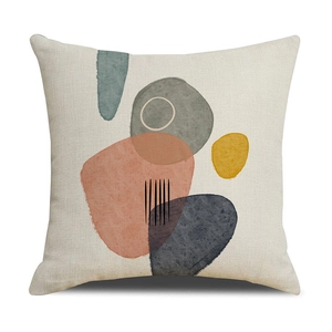 Abstrakter geometrischer Leinen-Kissenbezug mit Morandi-Farben und Linien auf Weiß