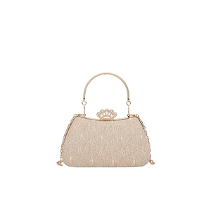 Champagne lace evening clutch bag with gold ring handle and sparkling crown clasp