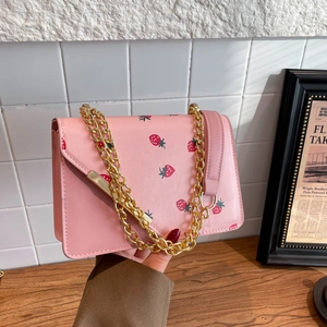 Sac Bandoulière Femme en Cuir PU Tendance Avec Imprimé Animal Fruit Doux Chaîne Dorée Mode Petit Sac Carré