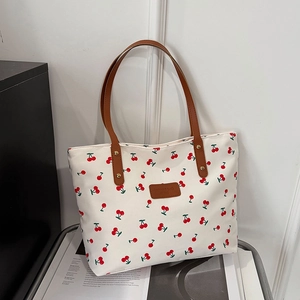 Women Large Capacity Tote Bag Cherry Print Nylon Leather Shoulder Strap Casual Handbag For Daily Commute Versatile Sweet