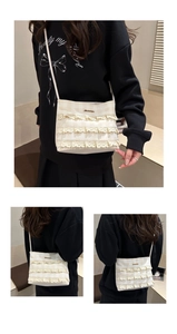 Multi-angle view of beige plaid tote bag with layered lace trim and gold logo detail