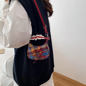 Winter plaid mini crossbody bag with red leather straps and lace bow decoration