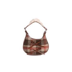 Mini vintage plaid crescent handbag with brown bows and white lace handle details