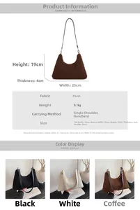 Size chart showing plush shoulder bag dimensions 25x19x4cm and material specifications