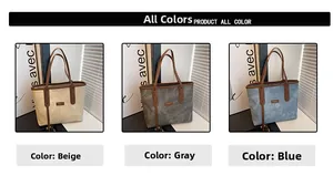 Three minimalist tote bags in beige, grey, and blue with slim brown shoulder straps