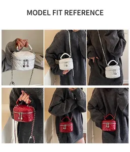 Detailed views of mini quilted chain bag in red and white with heart charms