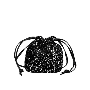 Elegante borsa a secchiello con paillettes nere e coulisse, stile retrò chic da sera donna