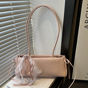 Women Bow Lace Design PU Leather Underarm Bag Retro Solid Color Minimalist Commute Baguette Shoulder Bag Large Capacity Top Handle Bag