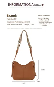 Detail view of brown PU bucket bag 24x7x21cm with ethnic embroidered wide shoulder strap