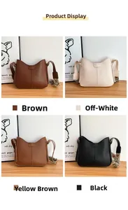Detailed view of bucket bags in four colors with bohemian patterned wide straps