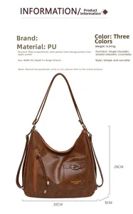 Vue détaillée du sac en cuir PU marron avec dimensions et bandoulières amovibles