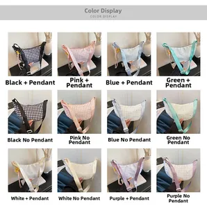 Grid layout showing checkered dumpling bags in six colors with adjustable straps