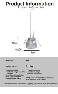 Silver PU leather drawstring bucket bag with size dimensions and product specifications