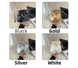 Detailed comparison of drawstring bucket bags in black, gold, silver, and white finishes