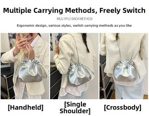 Silver metallic drawstring bucket bag shown in handbag, shoulder, and crossbody styles