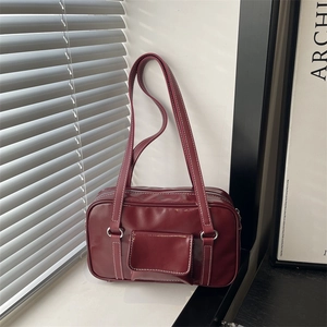 Minimalist burgundy PU leather shoulder bag with white contrast stitching and large capacity