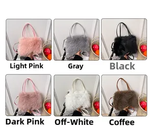 Collage of plush faux fur handbags in six colors with stylish thin shoulder straps