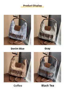 Detailed comparison of vintage tote bags in denim blue, gray, coffee and black tea colors