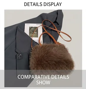 Detail of coffee brown fluffy faux fur handbag with adjustable leather straps and gold hardware