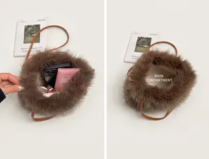 Detail of brown faux fur bucket bag showing interior storage capacity and plush texture