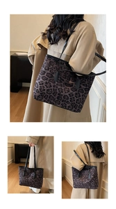 Three views of a dark purple leopard print tote bag styled with a beige trench coat