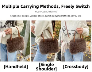 Brown plush bucket bag shown in three styles: handbag, shoulder bag, and crossbody