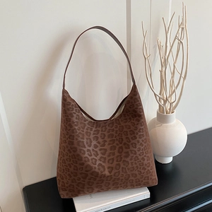 Women Leopard Print Shoulder Bag Large Capacity Suede Texture PU Leather Hobo Tote Casual Retro Streetwear