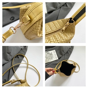 Detail views of yellow woven crossbody bag with gold hardware and spacious interior