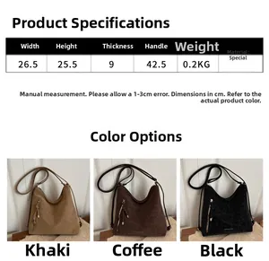 Detailed size specifications and color options for the vintage suede tote bag