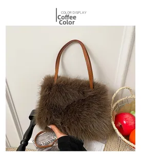 Detail of a dark brown faux fur handbag with sleek leather straps for autumn winter