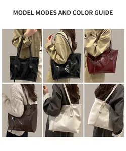 Multiple views of large capacity glossy leather tote bags on models in four chic colors