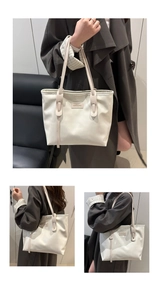 Detail view of cream white patent leather tote bag with Fashion & Bags square label