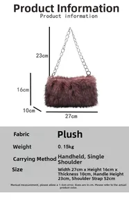 Detailed size chart for pink plush shoulder bag with silver chain and dimensions