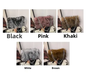 Detailed close-up showing soft faux fur texture and silver metal chain in five colors