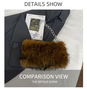 Detail of brown faux fur shoulder bag with chunky silver chain next to a magazine
