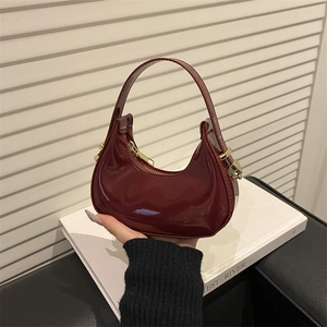 Glossy Patent Leather Mini Crescent Hobo Bag Trendy Underarm Handbag With Gold Hardware Retro Chic Style For Women