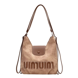 Versatile brown vintage tote bag with UIUNIUIU letter patchwork and leather straps