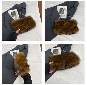 Detail showing plush brown faux fur texture and silver metal chain strap on handbag