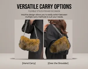 Faux fur pillow bag detail showing gradient brown texture and silver chain strap styles