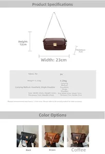 Tabella dimensioni borsa vintage in PU con dettagli su misura 23x12x7cm e colori