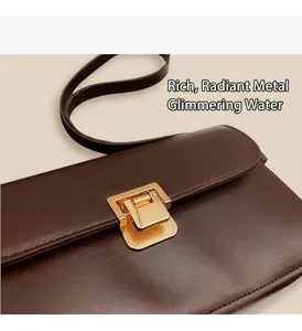 Dettaglio di una borsa in pelle marrone scuro lucida con chiusura rettangolare dorata fine