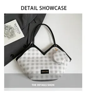 Detail of checkered bucket bag with V-shaped opening and mini round hanging pouch