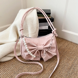 Sac à Épaule Nœud Papillon à la Mode pour Femmes Douce Chaîne de Künstliche Perles Sac sous le Bras en Cuir PU Plissé Sac à Bandoulière Élégant